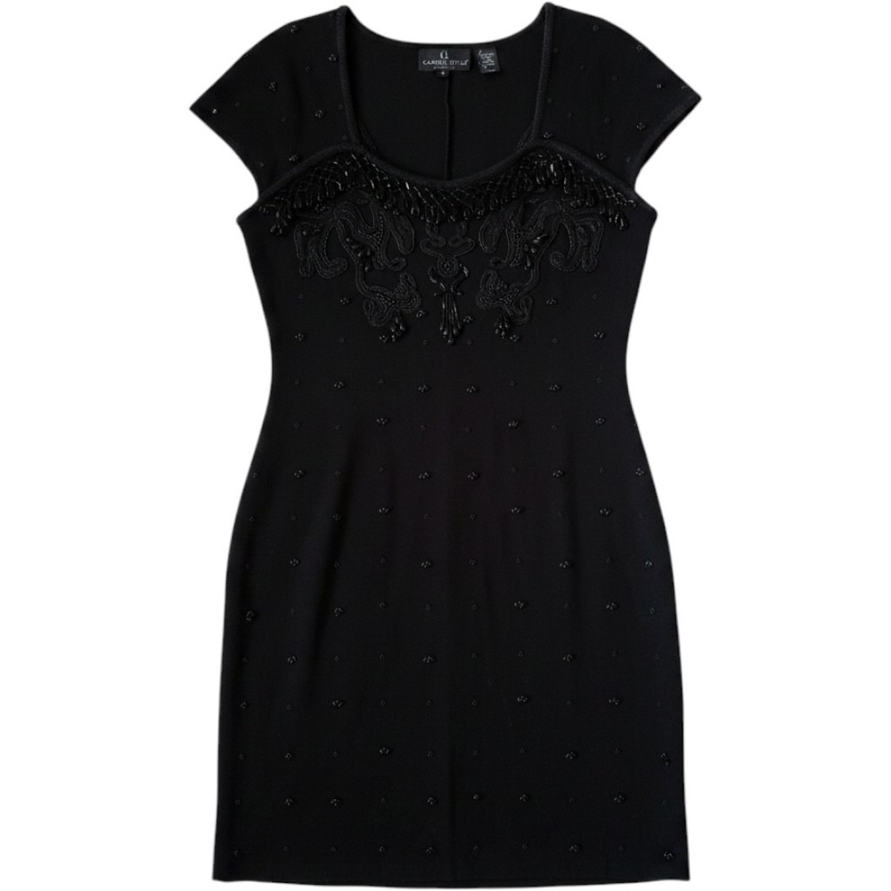 Vintage Carole Little 90s Black Beaded Knit Dress Wool Blend Cap Sleeve Large